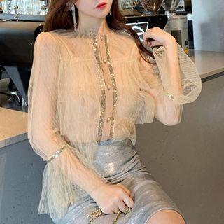 Set: Bell-sleeve Mesh Blouse + Camisole Almond - One Size