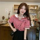 Short-sleeve Gingham Double-breasted Blouse