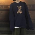 Round-neck Bear Printed Hoodie Navy Blue - One Size