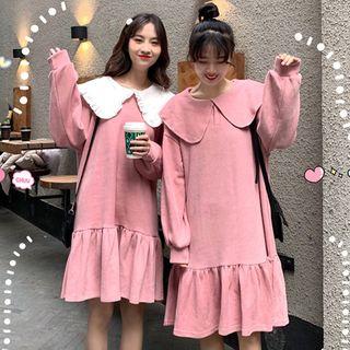 Collared Long-sleeve Ruffle Trim Dress
