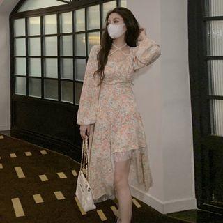Long-sleeve Floral Asymmetrical Dress / Light Jacket