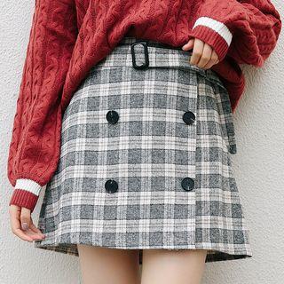 Plaid Buttoned Tweed Skirt