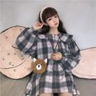 Ear-accent Plaid Hooded A-line Dress