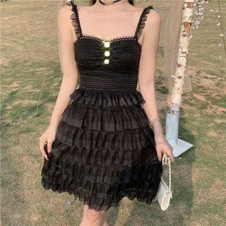 Spaghetti Strap Mesh Tiered Dress