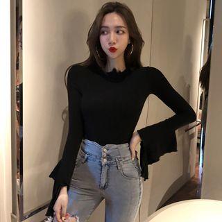 Long-sleeve Ruffle-trim T-shirt