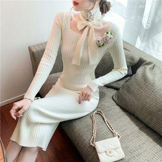 Square Neck Ribbed Knit Midi Dress