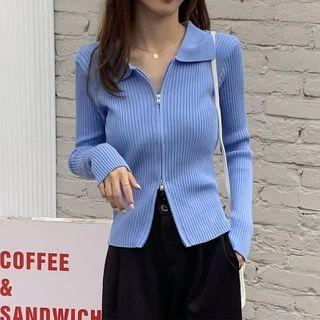 Long-sleeve Collared Zip Knit Top
