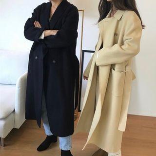 Double-button Tie-waist Woolen Coat