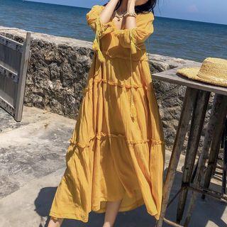 Set: Elbow-sleeve Tiered A-line Midi Dress + Slipdress