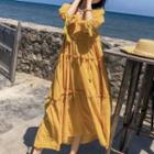 Set: Elbow-sleeve Tiered A-line Midi Dress + Slipdress
