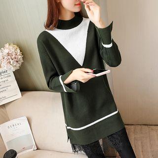 Colour Block Long-sleeve Lace Panel Dress