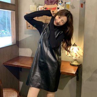 Faux Leather Sleeveless A-line Dress / Mock Neck Long-sleeve Top
