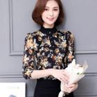 Stand Collar Floral Long-sleeve Lace Top