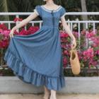Lace Trim Tie-waist A-line Maxi Dresss