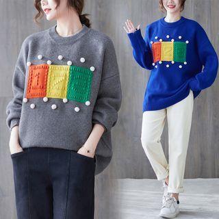 Color Block Applique Pom Pom Sweater