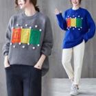 Color Block Applique Pom Pom Sweater