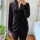 Long-sleeve Shirred Midi Bodycon Dress