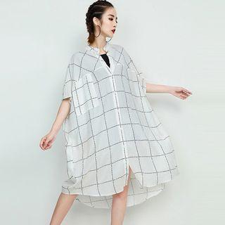 Elbow-sleeve Plaid Baggy Dress