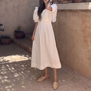 Lace Trim Puff-sleeve Midi A-line Dress