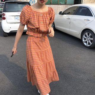 Set: Plaid Short-sleeve Blouse + Midi A-line Skirt Yellow - One Size