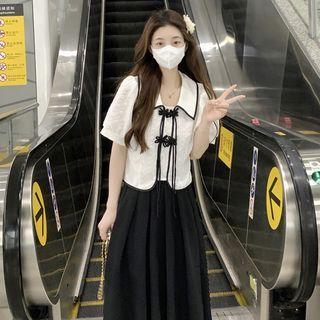 Short-sleeve Frog-button Blouse / Midi A-line Skirt