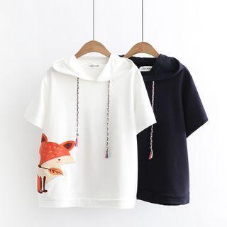 Short-sleeve Fox Applique Hooded T-shirt