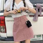V-neck Short-sleeve Blouse / Plaid A-line Skirt