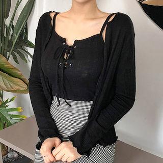 Set: Open-front Ribbed Cardigan + Lace-up Camisole Top