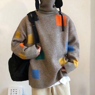 Turtleneck Square Print Sweater