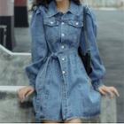 High-waist Puff-sleeve Denim Dress