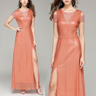 Cold Shoulder Mesh Panel Slit Sequined Evening Gown