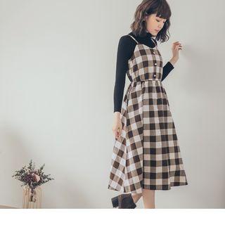 Spaghetti-strap Buttoned Check Dress