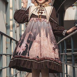 Long-sleeve Print Midi A-line Dress / Petticoat Skirt / Tights / Headband / Set
