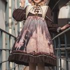 Long-sleeve Print Midi A-line Dress / Petticoat Skirt / Tights / Headband / Set