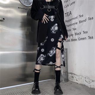 Asymmetrical Dragon Print Midi A-line Skirt