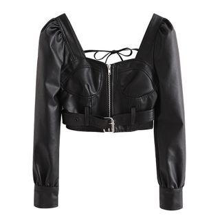 Square-neck Faux Leather Belted Crop Top