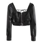 Square-neck Faux Leather Belted Crop Top