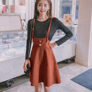 Set: Crew-neck Long-sleeve T-shirt + Plain Suspender Dress