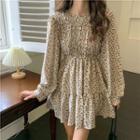 Round-neck Ruched Floral Long-sleeve Dress