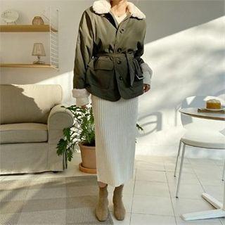 Flap-front Faux-fur Jacket With Belt