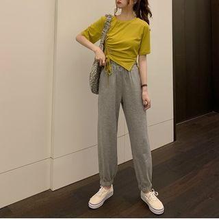 Elbow-sleeve Drawstring T-shirt / High-waist Jogger Pants