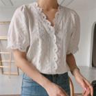 Balloon-sleeve Lace Trim Blouse White - One Size