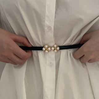 Faux Pearl Faux Leather Slim Belt Black - One Size