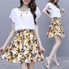 Set: Flutter Sleeve Lace-up Chiffon Top + Floral Print A-line Skirt