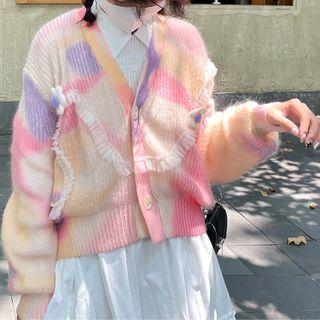 Tie-dye Print Ruffle Trim Cardigan Almond & Pink & Purple - One Size