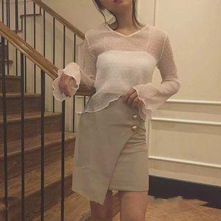 Set: Long-sleeve Polka Dot Chiffon Top + Camisole