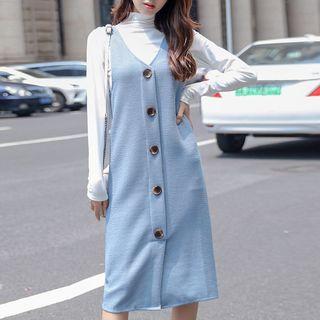 Set: Turtleneck Long-sleeve T-shirt + V-neck Knitted Pinafore Dress