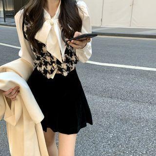 Tie Neck Blouse / Houndstooth Vest / A-line Skirt