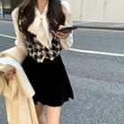 Tie Neck Blouse / Houndstooth Vest / A-line Skirt