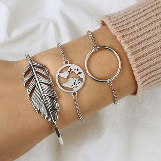 Set Of 3: Leaf Bangle + Hoop / World Map Bracelet Silver - One Size